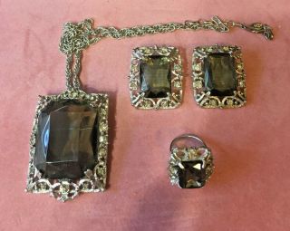 Vintage Sarah Coventrry Set Earrings,  Brooch Neclace,  And Ring Smoky Topaz