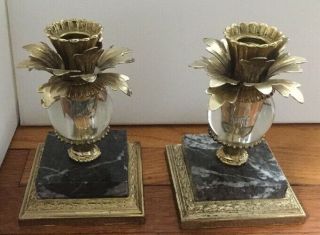 Vintage Pair Dilly Mfg Co Candle Holder Glass Ball Brass Leaves Marble Base Usa