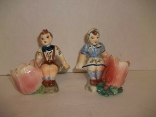 2 Vintage Italy Ceramic Planter Trinket Dish Boy Girl Tulip Figurine 5.  5 " X 5 "
