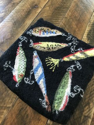 Hooked Wool Accent Pillow Cover Fisherman Vintage Lures Fish Tackle 16” Black