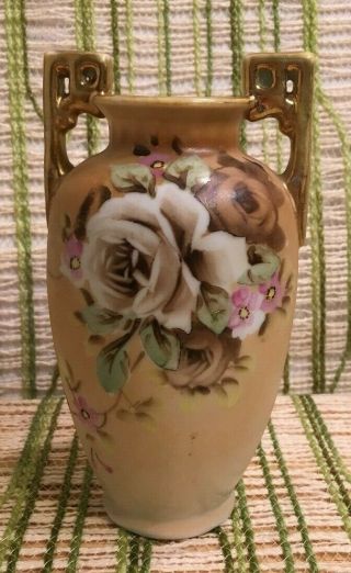 Vintage Noritake Nippon Hand Painted Porcelain 6 " Vase - Tan,  Roses,  Gold