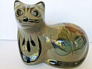 Vintage Hand Painted Mexican Pottery Cat From Tonala Mexico 7 " Long X 5.  5 " Tall