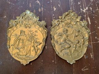 Vintage Hollywood Regency Chalkware Wall Plaques Cherub And Woman A Pair