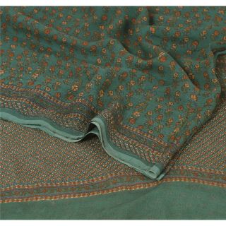 Sanskriti Vintage Green Saree Pure Chiffon Silk Printed Sari Decor Craft Fabric 2
