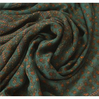 Sanskriti Vintage Green Saree Pure Chiffon Silk Printed Sari Decor Craft Fabric 4