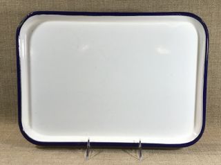 Vintage Rectangular White Porcelain Enamel 13.  5” Serving Tray Blue Trim