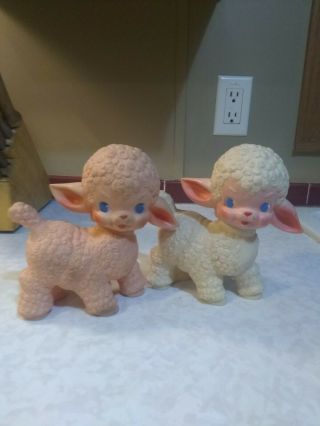 2 Vintage 1955 The Sun Rubber Co Pink/white Baby Sheep Lamb Squeak Toy -
