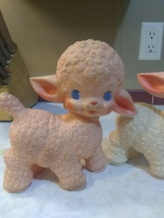 2 Vintage 1955 The SUN RUBBER Co Pink/White Baby Sheep Lamb SQUEAK Toy - 2