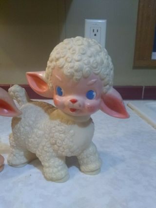 2 Vintage 1955 The SUN RUBBER Co Pink/White Baby Sheep Lamb SQUEAK Toy - 3