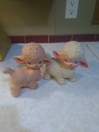2 Vintage 1955 The SUN RUBBER Co Pink/White Baby Sheep Lamb SQUEAK Toy - 7