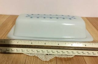 Vintage 1970 ' s Pyrex Snowflake Garland Blue Milk Glass Butter Dish w/ Cover 5
