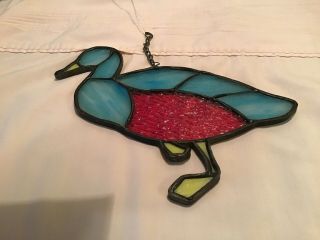 Vintage Stained Glass Duck Suncatcher Blue Red Yellow