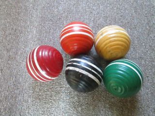 5 Vintage Croquet Balls Ribbed W/ 3 White Stripes Green Red Yellow Orange Black