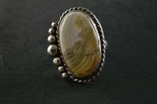 Vintage Sterling Silver Beaded Tan Stone Oval Massive Ring - 19g