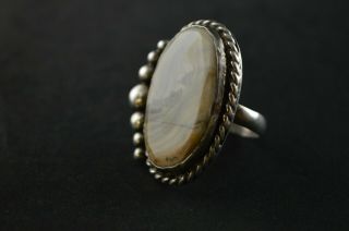 Vintage Sterling Silver Beaded Tan Stone Oval Massive Ring - 19g 2