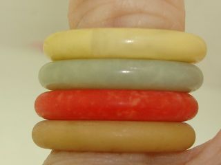 4 Vintage Chinese Jade Band Rings Yellow,  Beige,  Jadeite,  Red Sz 6 1/2