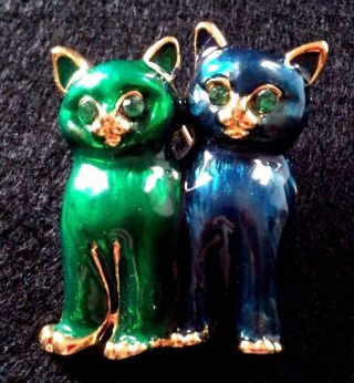 Figural Brooch Pin Cat Duo Kitten Vintage Gold Tone Enamel Rhinestone Blue Green