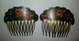 Set Of Vintage Chinese Cloisonné Enameled Hair Combs With A Flowers Purple 2.  5 "