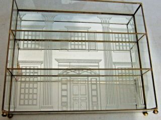 Vintage Brass & Glass House Mansion Motif Showcase Display Shelf Mirror