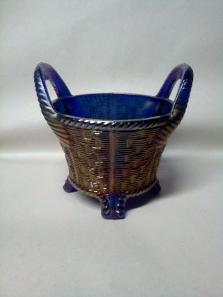 Vintage Northwood Blue Carnival Glass Bushel Basket Vase