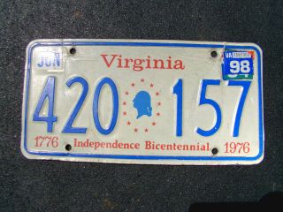 Vintage 1998 Virginia Bicentennial License Plate 1976 Base,  Good,