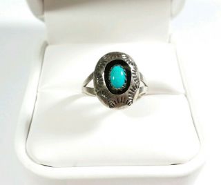 Vintage Navajo S Dickens Sterling Etched Shadowbox Turquoise Size 5.  5 Ring