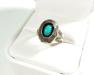 VINTAGE NAVAJO S DICKENS STERLING ETCHED SHADOWBOX TURQUOISE SIZE 5.  5 RING 3
