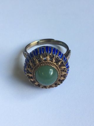 Vintage Chinese Export Sterling Silver Art Deco Cloisonne Enamel Jade Ring