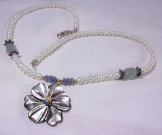 Vintage Sterling Silver Carved Mother Of Pearl Flower Pearl Pendant Necklace Wow