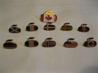 Eleven Vintage World Flag Curling Stone Shaped Lapel Pins