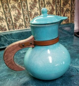 Vintage Redwing Pottery Coffee Carafe Pitcher Wood Handle Turquoise Blue W/lid