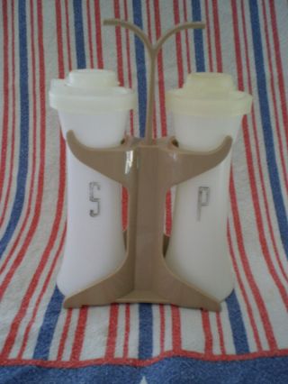 Vintage Tupperware Small Hourglass White Salt Pepper Shakers W/ Caddy