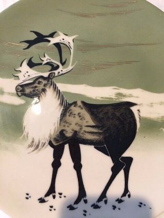 Vintage 1960 ' s Matthew Adams Hand Painted Reindeer Charger/Platter 191 Signed 3