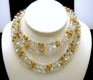 Vintage Double Strand Crystal Necklace Chain Strung Filigree Beads Rhinestones