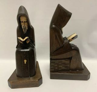 Vintage Wood Monk Bookends Priest Friar Jesuit Bible Rosary Beads Mexico 8 "