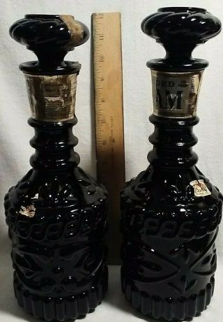 2 Vintage Barware Black Glass Bonded Beam Liquor Whiskey Bottle Empty Decanters