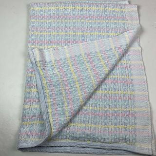 Vintage Baby Blanket Pastel Plaid Woven Open Weave Knit Cotton Usa 50 X37 27