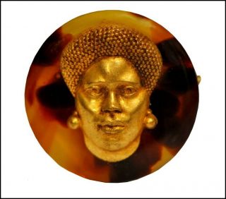 Vintage Deco Galalith And Gilt Metal Black Woman Face Pin Brooch