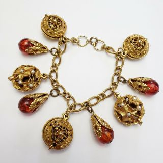 Vintage Victorian Etruscan Revival Charm Bracelet Gold - Tone Dangling Faux Pearl