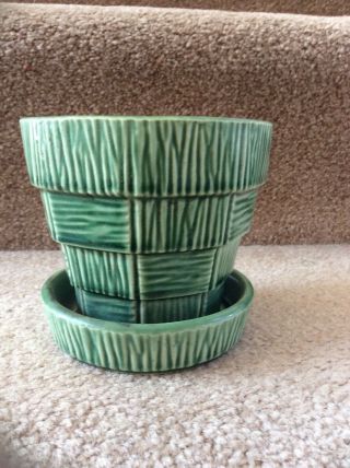 Mccoy Vintage Green Basket Weave Flower Pot Planter - Mid Century 4”
