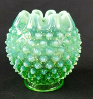Vintage Fenton Green Emerald Opalescent Art Glass Hobnail Rosebowl Vase 4 1/2 " T