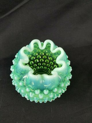 Vintage Fenton Green Emerald Opalescent Art Glass Hobnail Rosebowl Vase 4 1/2 