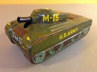 Vintage Daiya Japan Tin Litho Friction U.  S.  Army M - 15 Green Tank Toy