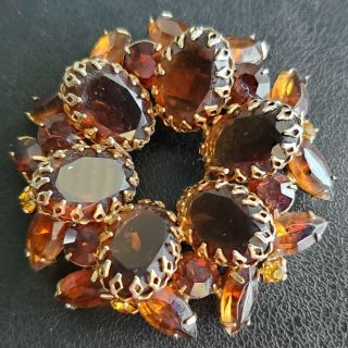 D&e Juliana Vintage Large Amber Glass Flower Rhinestone Wreath Brooch Pin N97