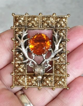 Edwardian Vintage Jewellery Scottish Celtic Amber Crystal Stag Plaid Brooch Pin