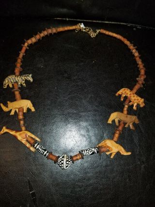 Vintage African Tribal Chunky Trade Bead Carved Safari Animal Collar Necklace