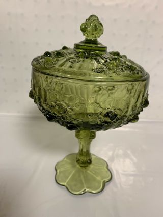 Vintage Fenton Colonial Green Glass Cabbage Rose Pedestal Compote W/ Lid