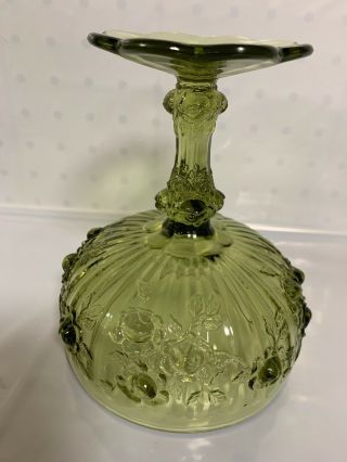 Vintage Fenton Colonial Green Glass Cabbage Rose Pedestal Compote w/ Lid 5