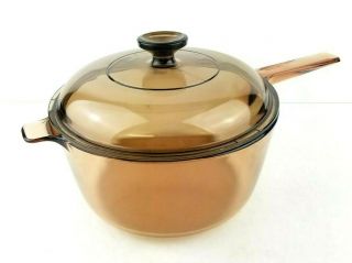 Vintage Corning Pyrex Vision Ware 2.  5 L Amber Glass Pot Sauce Pan With Lid U.  S.  A