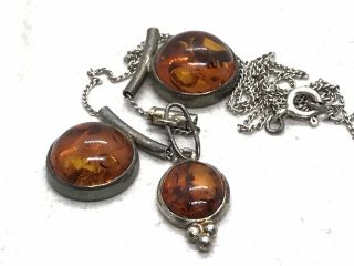 Vintage Sterling Silver 3 Amber Stones Slide Pendants 16.  5” chain Necklace 3